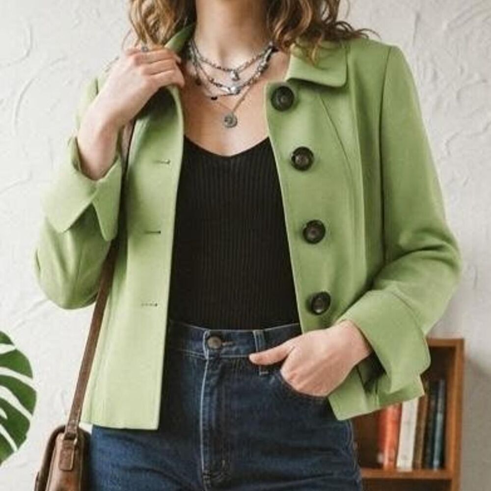 Vintage Tahari Arthur S. Levine Lime Green Cropped Button-Up Jacket / Size 8
